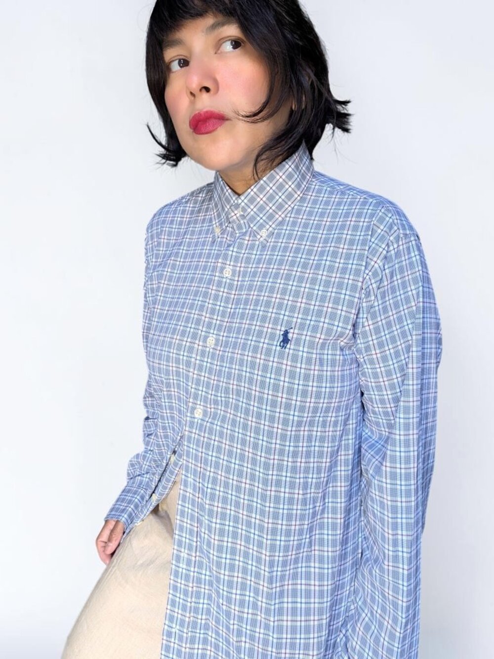 Polo Ralph Lauren blue and white plaid classic fit performance shirt M's M $110